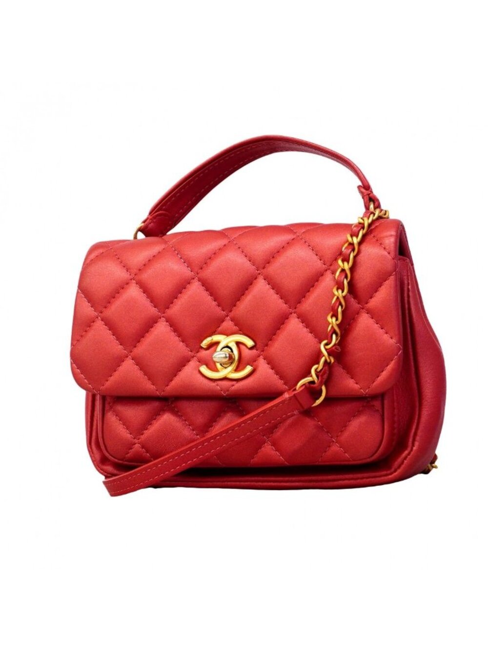 Chanel Handbag Quilted Leather Red Champagne Gold 2-Way